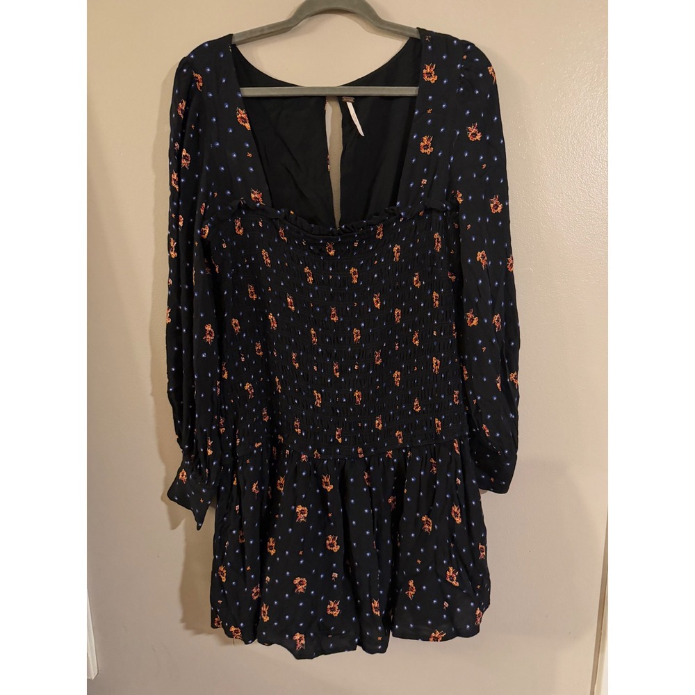 Free People Black Floral Smocked Mini Dress Long Sleeve Boho Keyhole Back Large